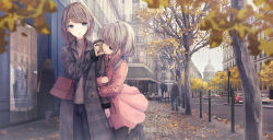 Rule 34 | 1boy, 3girls, :d, :o, arm hug, autumn leaves, bag, black coat, black footwear, black legwear, blue bow, blue eyes, blue pants, blurry, blurry foreground, boots, bow, brown sweater, building, car, coat, coffee cup, collared jacket, commentary request, cross-laced footwear, cup, depth of field, disposable cup, grey hair, hair bow, handbag, highres, holding, holding cup, jacket, lace-up boots, long hair, long sleeves, missile228, motor vehicle, multiple girls, open clothes, open coat, open mouth, original, pants, pantyhose, parted lips, pink jacket, road, shoulder bag, sleeves past wrists, smile, standing, standing on one leg, steam, street, sweater, swept bangs, tree, turtleneck, turtleneck sweater, yuri