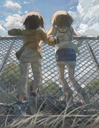 Rule 34 | 10s, 2girls, aged down, bad id, bad twitter id, blurry, brown hair, chain-link fence, climbing, cloud, day, depth of field, facing away, fence, from behind, from below, girls und panzer, grass, hand on another&#039;s back, highres, long sleeves, military, military vehicle, motor vehicle, multiple girls, nishizumi maho, nishizumi miho, no socks, outdoors, pants, ribbed legwear, shoe soles, shoes, short hair, shorts, siblings, sisters, sky, sneakers, socks, sunlight, tank, tank top, tree, upshirt, veerinly