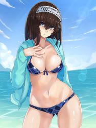 Rule 34 | 1girl, bikini, black hair, blue eyes, blue sky, blush, breasts, checkered bikini, checkered clothes, cleavage, cloud, collarbone, commentary request, day, expressionless, graphite (medium), hairband, hand on own chest, idolmaster, idolmaster cinderella girls, jacket, large breasts, lens flare, looking at viewer, naga1047, navel, ocean, sagisawa fumika, sky, swimsuit, traditional media