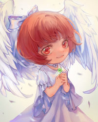 Rule 34 | 1girl, absurdres, b.s (fwpt2745), black jack (series), bow, brown hair, child, choker, clover, dress, feathered wings, hair bow, highres, holding, holding clover, looking at viewer, own hands together, pinoko, red eyes, short hair, simple background, solo, standing, white background, white choker, white dress, white wings, wide sleeves, wings