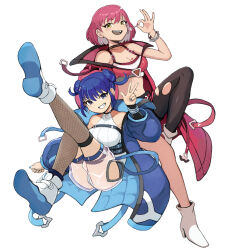 Rule 34 | 2girls, bare shoulders, blue hair, bracelet, breasts, candy, double bun, duel monster, evil twin ki-sikil, evil twin lil-la, food, full body, hair bun, high heels, holding, holding candy, holding food, ishii (young-moon), jacket, jewelry, ki-sikil (yu-gi-oh!), kneehighs, large breasts, leotard, lil-la (yu-gi-oh!), long sleeves, medium hair, multiple girls, official alternate costume, open clothes, open jacket, open mouth, pantyhose, pink hair, puffy sleeves, purple eyes, see-through shorts, shoes, short hair, single leg pantyhose, socks, spiked bracelet, spikes, torn clothes, torn pantyhose, white background, white footwear, yellow eyes, yu-gi-oh!