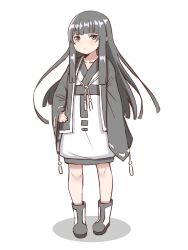 Rule 34 | 1girl, blush, boots, commentary request, full body, grey eyes, grey hair, highres, japanese clothes, kimono, kuro kosyou, long hair, long sleeves, looking at viewer, original, parted lips, ribbon-trimmed sleeves, ribbon trim, shadow, simple background, sleeves past wrists, solo, standing, very long hair, white background, white footwear, white kimono, wide sleeves