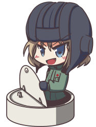 Rule 34 | 10s, 1girl, black gloves, blonde hair, blue eyes, blush, fang, fictional sister, girls und panzer, gloves, helmet, katyusha (girls und panzer), long sleeves, looking at viewer, military, military uniform, military vehicle, motor vehicle, open mouth, short hair, short jumpsuit, simple background, smile, solo, tank, tank helmet, uniform, vehicle, white background