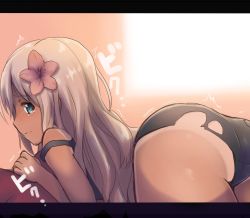 Rule 34 | 10s, 1girl, alternate costume, aqua eyes, ass, bent over, blonde hair, dark skin, dark-skinned female, dyson (edaokunnsaikouya), flower, flower on head, hair flower, hair ornament, kantai collection, letterboxed, looking at viewer, looking back, one-piece swimsuit, ro-500 (kancolle), school swimsuit, solo, strap slip, swimsuit, tan, tanline, tears, thighs, torn clothes, torn swimsuit, trembling, valentine, wavy mouth
