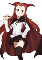 Rule 34 | 1girl, black thighhighs, bow, brown hair, cape, cosplay, hair bow, hand on own hip, hip focus, idolmaster, idolmaster (classic), kugimiya rie, long hair, louise francoise le blanc de la valliere, louise francoise le blanc de la valliere (cosplay), minase iori, pentacle, red eyes, skirt, solo, standing, standing on one leg, thighhighs, ttomm, voice actor connection, white background, zero no tsukaima, zettai ryouiki