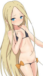 Rule 34 | 1girl, abigail williams (fate), bare arms, bare shoulders, bikini, black bikini, blonde hair, blue eyes, blush, bow, closed mouth, collarbone, fate/grand order, fate (series), forehead, highres, long hair, looking at viewer, navel, orange bow, parted bangs, simple background, solo, swimsuit, very long hair, white background, yakihebi