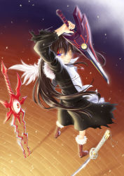 Rule 34 | 1boy, 1girl, arm up, bad id, bad pixiv id, bellezza felutia, black dress, black hair, blue eyes, boots, borrowed character, coat, dress, heterochromia, highres, jacket, jewelry, katana, long hair, looking at viewer, male focus, necklace, okitakung, open clothes, open coat, original, pendant, perspective, planted, planted sword, planted weapon, red eyes, shirt, skirt, solo, sword, trap, weapon, wind