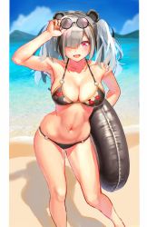 Rule 34 | 1girl, :d, absurdres, animal ears, arknights, armpits, bad id, bad pixiv id, beach, bikini, black bikini, black hair, blue sky, breasts, cloud, collarbone, commentary request, day, doll39, eyewear on head, fang, feater (arknights), floral print, grey hair, hair over one eye, hand up, highres, large breasts, looking at viewer, multicolored hair, navel, o-ring, o-ring bikini, open mouth, outdoors, panda ears, pink eyes, sand, sky, smile, solo, standing, streaked hair, sunglasses, swimsuit