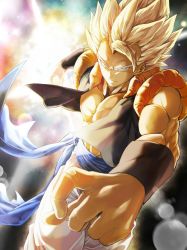 Rule 34 | 1boy, abs, aqua background, backlighting, biceps, blonde hair, blurry, bokeh, clothes around waist, clothes lift, colorful, dark background, depth of field, dragon ball, dragonball z, expressionless, fingernails, frown, gogeta, green eyes, highres, light rays, looking at viewer, male focus, mattari illust, multicolored background, muscular, orange background, outstretched arms, pants, purple background, red background, serious, shaded face, solo, spiked hair, super saiyan, super saiyan 1, waistcoat, white background, white pants, wristband