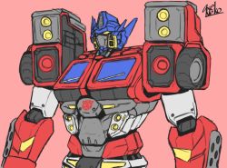 Rule 34 | 1boy, artist name, autobot, axelnekokitty, commentary, english commentary, highres, looking up, mecha, no humans, optimus prime, pink background, redesign, robot, solo, transformers, upper body, yellow eyes