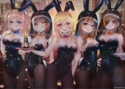 Rule 34 | 5girls, animal ears, anti-rain (girls&#039; frontline), bad id, bad twitter id, bare shoulders, black leotard, blonde hair, blue eyes, blush, bow, bowtie, braid, breasts, brown eyes, brown hair, cleavage, closed mouth, confetti, covered navel, detached collar, eyepatch, fake animal ears, girls&#039; frontline, gloves, green hair, hair between eyes, hair ornament, hanato (seonoaiko), hand on own hip, hand up, heterochromia, holding, holding tray, indoors, large breasts, leotard, light particles, long hair, looking at viewer, m16a1 (girls&#039; frontline), m4 sopmod ii (girls&#039; frontline), m4a1 (girls&#039; frontline), mole, mole under eye, multicolored hair, multiple girls, open mouth, orange eyes, pantyhose, pink hair, playboy bunny, rabbit ears, red eyes, red hair, ro635 (girls&#039; frontline), scar, scar across eye, scar on face, side ponytail, sidelocks, smile, st ar-15 (girls&#039; frontline), streaked hair, tail, tray, twintails, twitter username, white hair, wrist cuffs, yellow eyes