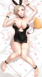 Rule 34 | 1girl, absurdres, animal ears, arm up, armpits, azur lane, baozi, bare shoulders, black collar, black dress, black hairband, blue eyes, blush, breasts, character request, check character, cleavage, collar, covered navel, dress, fake animal ears, food, full body, hairband, heart, heart-shaped pupils, highres, light brown hair, looking at viewer, lying, new orleans (azur lane), on back, open mouth, rabbit ears, restrained, shigatsu (4gate), short hair, symbol-shaped pupils, thighs, whip