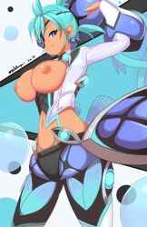Rule 34 | 1girl, aqua hair, aqua nails, arm up, artist name, breasts, breasts out, closed mouth, dark-skinned female, dark skin, earrings, eyeliner, eyepatch, highres, impossible clothes, jellcaps, jewelry, large breasts, looking at viewer, makeup, nail polish, navel, nipples, praxis (xenoblade), purple eyes, smile, solo, stomach, twitter logo, twitter username, xenoblade chronicles (series), xenoblade chronicles 2