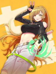 Rule 34 | 1girl, anemia kwus, belt, black belt, black sports bra, borrowed character, breasts, brown hair, clip studio paint (medium), clothing cutout, finger gun, floating hair, foreshortening, green eyes, highres, long hair, looking down, making-of available, medium breasts, multicolored hair, orange background, orange hair, orange nails, original, shorts, shoulder cutout, shrug (clothing), smile, solo, sports bra, streaked hair, torn clothes, torn shorts, v, very long hair, white shorts