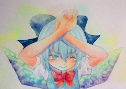Rule 34 | 1girl, arms up, blue eyes, blue hair, bow, cirno, hair bow, ice, ice wings, matching hair/eyes, one eye closed, painting (medium), scared, solo, tears, touhou, traditional media, watercolor (medium), wings, wink, x arms, yuyu (00365676)