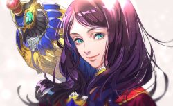 Rule 34 | 1girl, animal, animal on shoulder, bird, bird on shoulder, blue eyes, closed mouth, commentary request, eyelashes, fate/grand order, fate (series), grey background, leonardo da vinci (fate), long hair, looking at viewer, parted bangs, portrait, purple hair, robot, simple background, smile, solo, tenobe
