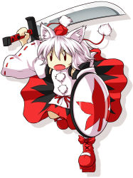 Rule 34 | 1girl, animal ears, chibi, fang, female focus, geta, hat, inubashiri momiji, leaf, maple leaf, mazume, open mouth, pom pom (clothes), red eyes, shield, solo, sword, tokin hat, touhou, weapon, white background, white hair, wolf ears, | |