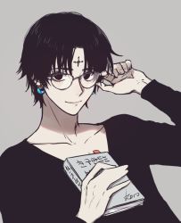 Rule 34 | 1boy, adjusting eyewear, artist name, black eyes, black hair, black shirt, book, chrollo lucilfer, closed mouth, collarbone, commentary, earrings, english commentary, facial mark, forehead mark, glasses, grey background, hand up, hichi(hichi), holding, holding book, hunter x hunter, jewelry, long sleeves, looking at viewer, male focus, shirt, short hair, simple background, smile, solo, upper body