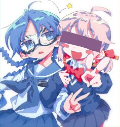 Rule 34 | 2girls, absurdres, ahoge, aruko okara, black skirt, blue cardigan, blue eyes, blue hair, blue neckerchief, blue sailor collar, blush, blush stickers, bow, bowtie, braid, breast pocket, cardigan, cellphone, censored, collared shirt, cowboy shot, domino mask, floating hair, glasses, hair bow, highres, holding another&#039;s arm, identity censor, indie virtual youtuber, leaning forward, leaning on person, long hair, looking at another, low twintails, mask, mekziro, multiple girls, neckerchief, outstretched arm, phone, pink hair, pleated skirt, pocket, red bow, red bowtie, sailor collar, school uniform, serafuku, shirt, short eyebrows, short hair, short twintails, simple background, skirt, smartphone, star (symbol), thick eyebrows, twin braids, twintails, v, virtual youtuber, w, white background, white serafuku, white shirt, zanko