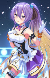 Rule 34 | 1girl, alternate costume, armpit peek, blonde hair, bow, breasts, cleavage, commentary, english commentary, gloves, gradient hair, hair between eyes, hand on own chest, head tilt, highres, hololive, hololive indonesia, idol clothes, leaning forward, long hair, looking at viewer, medium breasts, moona hoshinova, multicolored hair, open mouth, ponytail, purple eyes, purple hair, raven genesis, single leg pantyhose, solo, thigh strap, virtual youtuber, white bow, white gloves