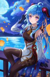 Rule 34 | 1girl, absurdres, ahoge, arm support, artist name, bare shoulders, bell, black gloves, black pantyhose, blue hair, blush, breasts, chinese knot, cowboy shot, detached sleeves, flower knot, full moon, ganyu (genshin impact), genshin impact, gloves, gold trim, highres, horns, lantern, long hair, looking at viewer, medium breasts, moon, neck bell, ocean, outdoors, pantyhose, paper lantern, purple eyes, resolution mismatch, sidelocks, sitting, sitting on fence, solo, source smaller, tassel, thighlet, thighs, vision (genshin impact), where (whereverer), white sleeves