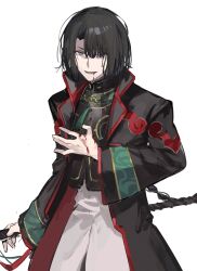 Rule 34 | 1boy, black coat, black hair, blood, blood drip, blood from mouth, blood on clothes, blood on face, blood on hands, braid, chinese clothes, coat, curtained hair, fate/grand order, fate (series), fishing rod, hair between eyes, hanfu, high collar, highres, holding, holding fishing rod, long hair, long sleeves, looking at viewer, male focus, open mouth, pants, purple eyes, red trim, rgb12800, shirt, simple background, smile, solo, tai gong wang (fate), white background