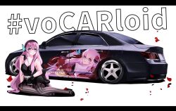 Rule 34 | 1girl, black dress, black gloves, black pantyhose, blue eyes, blush, breasts, car, cleavage, dress, gloves, headphones, highres, itasha, letterboxed, long hair, looking at viewer, magnet (vocaloid), medium breasts, megurine luka, motor vehicle, mugi (marineblue134), pantyhose, petals, pun, shadow, sitting, smile, solo, striped clothes, striped pantyhose, toyota, toyota crown, vehicle focus, very long hair, vocaloid, white background