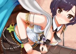 Rule 34 | 1girl, aquas desuyo, armlet, beads, black hair, black neckwear, black skirt, blush, breasts, brown eyes, capelet, collarbone, dead or alive, dead or alive xtreme, detached collar, highres, indoors, large breasts, leaning forward, looking at viewer, nagisa (doa), ribbon, see-through, short hair, skirt, solo, vest, white vest, wristband