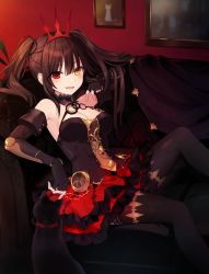 Rule 34 | absurdres, asymmetrical hair, black hair, breasts, cat, clock, clock eyes, crown hair ornament, date a live, detached sleeves, fantasia re:build, hairband, heterochromia, high heels, highres, medium breasts, non-web source, red eyes, symbol-shaped pupils, tokisaki kurumi, tsunako, twintails, uneven twintails