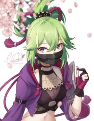 Rule 34 | 1girl, arm belt, black gloves, black mask, black nails, black shirt, blurry, breasts, cherry blossoms, commentary request, covered mouth, crop top, cropped jacket, depth of field, fingerless gloves, fishnet top, fishnets, genshin impact, gloves, green hair, hair between eyes, hair ornament, hand up, holding, holding petal, hood, hood down, hooded jacket, jacket, kuki shinobu, looking at viewer, mask, medium breasts, midriff, mouth mask, nail polish, navel, open clothes, open jacket, partial commentary, partially fingerless gloves, petals, ponytail, purple eyes, purple jacket, purple rope, rope, runeko, shimenawa, shirt, sidelocks, signature, simple background, solo, standing, twitter username, upper body, white background