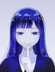 Rule 34 | 1other, androgynous, blue eyes, blue hair, colored eyelashes, colored skin, crystal hair, finger to mouth, gem uniform (houseki no kuni), highres, hime cut, houseki no kuni, lapis lazuli (houseki no kuni), long hair, looking at viewer, smile, solo, upper body, white skin