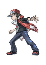 Rule 34 | 1boy, artist name, badge, baseball cap, black shirt, brown hair, buttons, closed mouth, coat, creatures (company), donnpati, full body, game freak, hat, highres, legs apart, male focus, nintendo, outstretched arms, pants, pokemon, pokemon masters ex, red (pokemon), red (sygna suit) (pokemon), red coat, shirt, shoes, simple background, sleeveless, sleeveless coat, smile, solo, spread fingers, standing, white background, wristband