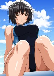 Rule 34 | 1girl, amagami, black eyes, black hair, black one-piece swimsuit, blue one-piece swimsuit, breasts, competition swimsuit, from below, highres, looking at viewer, medium breasts, nanasaki ai, one-piece swimsuit, parted lips, short hair, sitting, sky, solo, swimsuit, two-tone swimsuit, yuuyuu (3jjbn)