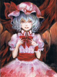 Rule 34 | 1girl, ascot, bat wings, black background, blood, blood on clothes, blood on hands, blue hair, brooch, colored eyelashes, grin, hands on own chest, hat, hat ribbon, highres, jewelry, johnalay, lips, looking at viewer, mob cap, oil painting (medium), painting (medium), puffy short sleeves, puffy sleeves, red eyes, remilia scarlet, ribbon, sash, short hair, short sleeves, skirt, skirt set, smile, solo, touhou, traditional media, wings, wrist cuffs