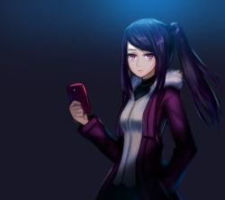 Rule 34 | 1girl, artist request, black hair, cellphone, coat, expressionless, fur coat, jill stingray, long hair, phone, purple eyes, sidelocks, smartphone, solo, twintails, va-11 hall-a