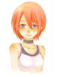 Rule 34 | 1girl, bad id, bad pixiv id, blue eyes, breasts, colored eyelashes, hair between eyes, kairi (kingdom hearts), kingdom hearts, looking at viewer, lowres, medium breasts, red hair, rokuta, short hair, simple background, solo, white background