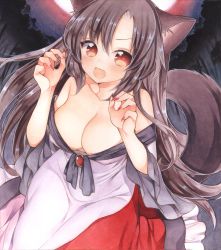 Rule 34 | 1girl, animal ears, bare shoulders, blush, breasts, brown hair, cleavage, dress, fang, female focus, fingernails, imaizumi kagerou, large breasts, long fingernails, long hair, long sleeves, looking at viewer, md5 mismatch, mugicha (mugicha0929), nail polish, off shoulder, open mouth, red eyes, resized, resolution mismatch, smile, solo, source larger, tail, touhou, traditional media, wide sleeves, wolf ears, wolf tail