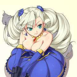 Rule 34 | 1girl, alternate color, alternate hair color, aq interactive, aqua eyes, arcana heart, arcana heart 2, atlus, bare shoulders, blue dress, blue rose, breasts, cleavage, dress, drill hair, dual wielding, earrings, elbow gloves, examu, flower, from above, gloves, green eyes, gun, hair flower, hair ornament, hairu, holding, jewelry, large breasts, long hair, necklace, pendant, petra johanna lagerkvist, player 2, rose, solo, twin drills, twintails, very long hair, weapon, white background, white hair