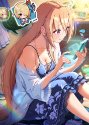 1girl absurdres blonde_hair blue_dress blurry blurry_background blush bowsan breasts cellphone chibi cleavage collarbone dress floral_print flying_sweatdrops hair_between_eyes hair_over_one_eye heaven_burns_red highres holding holding_phone indoors kayamori_ruka long_hair medium_breasts off_shoulder open_mouth phone red_eyes shirakawa_yuina sitting smartphone solo sweatdrop very_long_hair