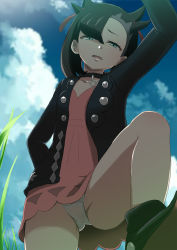 Rule 34 | 1girl, ashino moto, bare legs, black hair, blue sky, choker, cloud, cloudy sky, creatures (company), day, dress, flat chest, from below, game freak, grass, highres, jacket, long sleeves, looking at viewer, looking down, marnie (pokemon), nintendo, open clothes, open mouth, outdoors, panties, pantyshot, pokemon, pokemon swsh, shoes, sky, standing, underwear, white panties