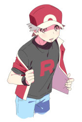 Rule 34 | 1boy, adapted costume, bad id, bad pixiv id, baseball cap, blue pants, brown eyes, brown hair, commentary request, cowboy shot, creatures (company), game freak, hat, highres, jacket, logo, looking at viewer, lower teeth only, male focus, nintendo, off shoulder, open clothes, open jacket, open mouth, pants, pokemon, pokemon frlg, pumpkinpan, red (pokemon), red hat, red jacket, shirt, short hair, solo, spiked hair, t-shirt, teeth, tongue, white background, wristband