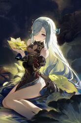 Rule 34 | 1girl, artist name, bare shoulders, black dress, black sleeves, breasts, cleavage, closed mouth, commentary request, cyan yang, detached sleeves, dress, feet out of frame, flower, genshin impact, grey hair, hair over one eye, hand up, highres, holding, holding flower, long hair, looking at viewer, medium breasts, official alternate costume, on ground, pink eyes, see-through, see-through cleavage, shenhe (frostflower dew) (genshin impact), shenhe (genshin impact), sitting, sleeveless, sleeveless dress, smile, solo, very long hair, yokozuwari