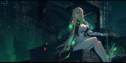 Rule 34 | 1girl, blonde hair, breasts, cityscape, cleavage, dress, elbow gloves, gem, gloves, hand on hilt, headgear, highres, large breasts, long hair, looking away, looking to the side, mythra (xenoblade), night, night sky, nintendo, parted bangs, red eyes, signature, sitting, sky, solo, swd3e2, sword, thighhighs, tiara, very long hair, weapon, white dress, white gloves, white thighhighs, xenoblade chronicles (series), xenoblade chronicles 2