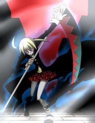 Rule 34 | 00s, 1girl, ahoge, bad id, bad pixiv id, blonde hair, cloak, contemporary, floating hair, holding, holding weapon, light rays, long sleeves, maka albarn, pale skin, polearm, scythe, senmu (0107), solo, soul eater, soul evans, standing, twintails, weapon