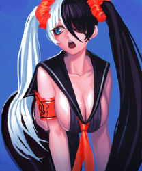 Rule 34 | 10s, 1girl, antenna hair, armband, bent over, black hair, blade &amp; soul, blue background, blue eyes, breasts, cain (grt1125), cleavage, collarbone, eyepatch, hair ornament, hair over one eye, hair scrunchie, hanging breasts, large breasts, long hair, looking away, multicolored hair, neckerchief, open mouth, pohwaran, sailor collar, scrunchie, solo, split-color hair, two-tone hair, very long hair, white hair