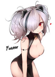 Rule 34 | 1girl, animal ears, arknights, bare shoulders, black dress, black hair, blush, breasts, character name, china dress, chinese clothes, cleavage, cleavage cutout, closed mouth, clothing cutout, dress, feater (arknights), grey hair, hair over one eye, highres, large breasts, leaning forward, long hair, looking at viewer, multicolored hair, panda ears, pelvic curtain, red eyes, side slit, simple background, smile, solo, streaked hair, vgb0568, white background