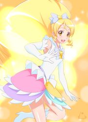 Rule 34 | 10s, 1girl, blonde hair, blush, boots, brooch, cure honey, cure honey (innocent form), dress, earrings, eyelashes, gloves, hair ornament, hair ribbon, happinesscharge precure!, happy, heart, heart brooch, high heel boots, high heels, highres, innocent form (happinesscharge precure!), jabara tornado, jewelry, long hair, looking at viewer, magical girl, multicolored clothes, multicolored skirt, oomori yuuko, open mouth, ponytail, precure, ribbon, skirt, smile, solo, standing, white dress, white gloves, yellow eyes