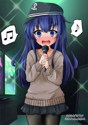 Rule 34 | 1girl, akatsuki (kancolle), anchor symbol, beamed eighth notes, black hat, black pantyhose, black skirt, blue eyes, blue hair, blush, brown sweater, collarbone, commentary request, cowboy shot, dated, eighth note, flat cap, hair between eyes, hat, highres, holding, holding microphone, indoors, kamiya tadato, kantai collection, long hair, long sleeves, microphone, musical note, nose blush, one-hour drawing challenge, open mouth, pantyhose, pleated skirt, puffy long sleeves, puffy sleeves, sideways hat, skirt, solo, spoken musical note, standing, sweat, sweater, twitter username, v-shaped eyebrows, very long hair