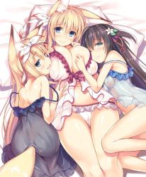Rule 34 | 3girls, animal ear fluff, animal ears, artist name, babydoll, back, bare shoulders, black babydoll, black hair, blonde hair, blue babydoll, blue eyes, blush, breast press, breasts, commentary request, fox ears, frilled panties, frills, girl sandwich, hair ribbon, half-closed eyes, kneeling, konoha (nozomi tsubame), large breasts, leaning forward, long hair, looking at viewer, looking back, lying, multiple girls, navel, no panties, nozomi tsubame, on back, on side, one eye closed, open mouth, original, panties, pink babydoll, ribbon, sandwiched, smile, strap slip, suzuha (nozomi tsubame), underwear, white panties, yukiha (nozomi tsubame)