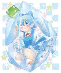 Rule 34 | &gt; &lt;, 1girl, bad id, bad pixiv id, barefoot, berry jou, bloomers, blue dress, blue eyes, blue hair, blush, checkered background, cirno, dress, closed eyes, failure, feet, female focus, frills, frog, grin, ice, irony, matching hair/eyes, open hand, open mouth, petticoat, ribbon, role reversal, short hair, short sleeves, smile, solo, tears, toes, touhou, trapped, underwear, wings